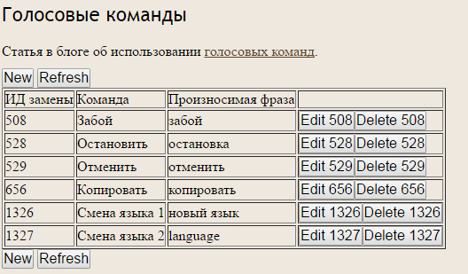 задание голосовых команд